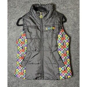 Vintage Coogi Women's Black Puffer Vest Size M Multi Color Logo Full Zip rainbow